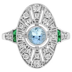 Aquamarine Diamond Emerald Edwardian Style Engagement Ring in 18K White Gold
