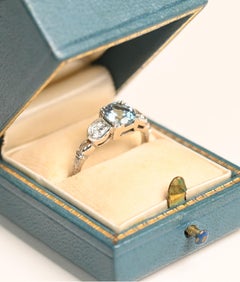 Aquamarine Flanked Diamond Ring. 0.8ct Round Aquamarine Ring Platinum Engraved