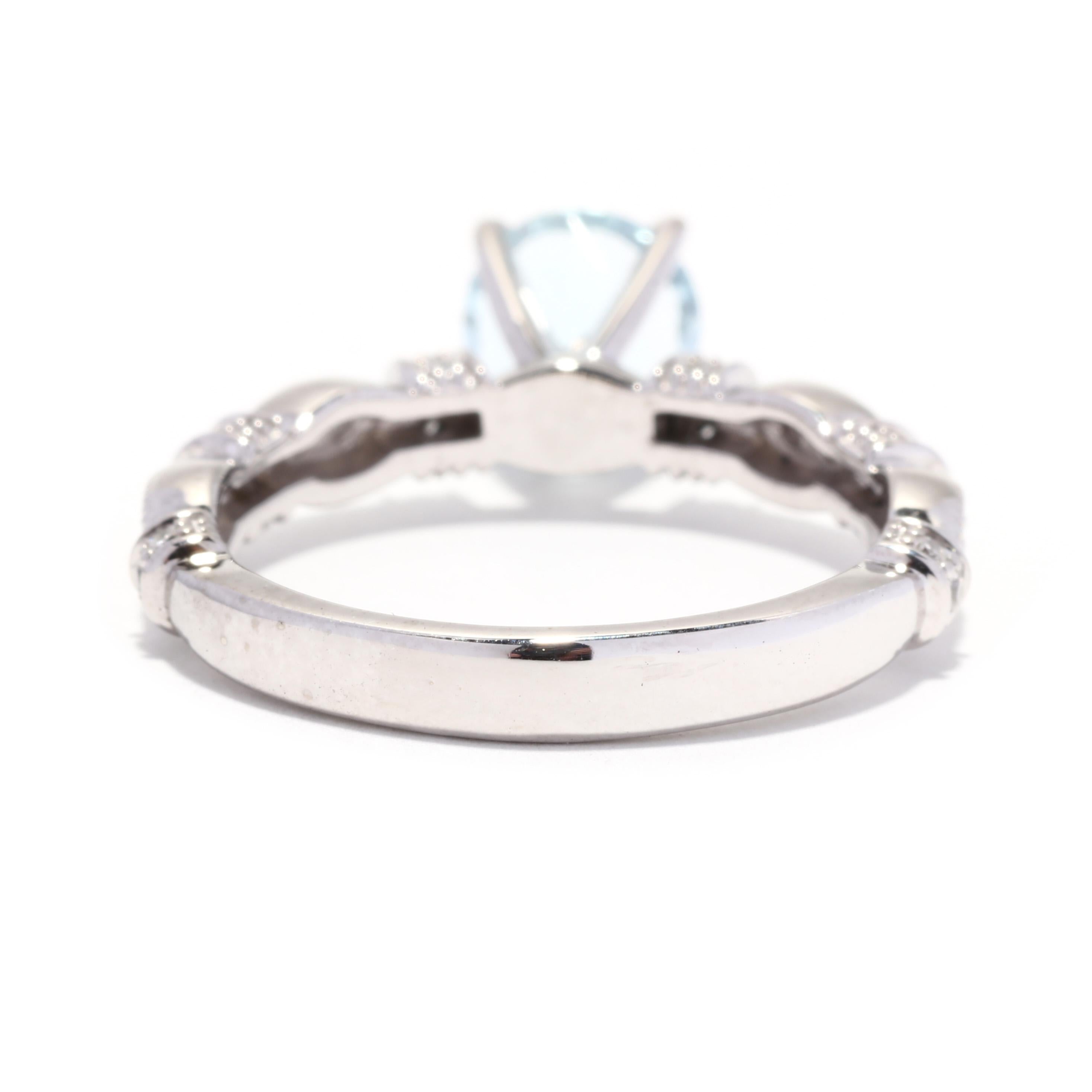 Round Cut Aquamarine Diamond Engagement Ring, 14K White Gold, Ring Size 7.25