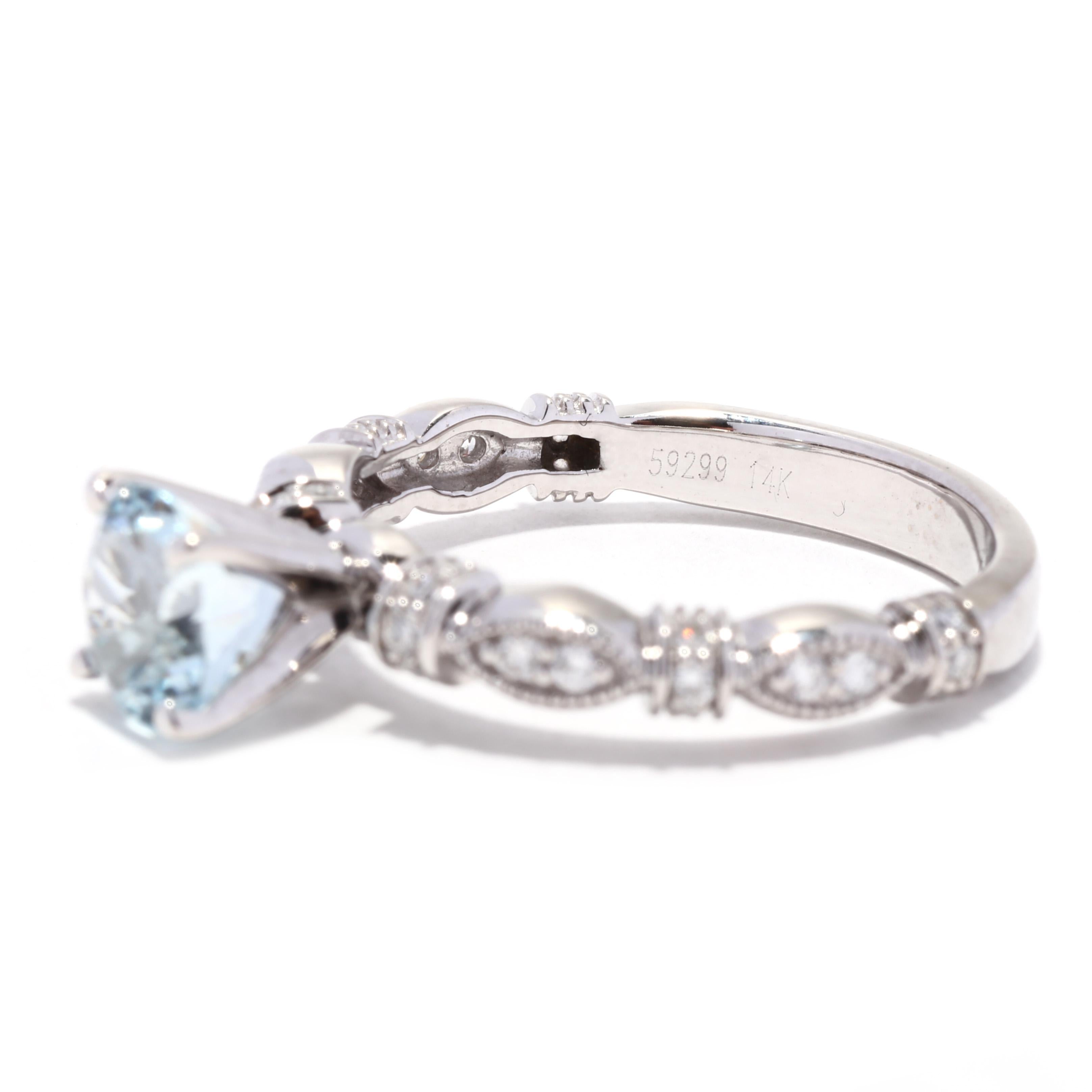 Women's or Men's Aquamarine Diamond Engagement Ring, 14K White Gold, Ring Size 7.25