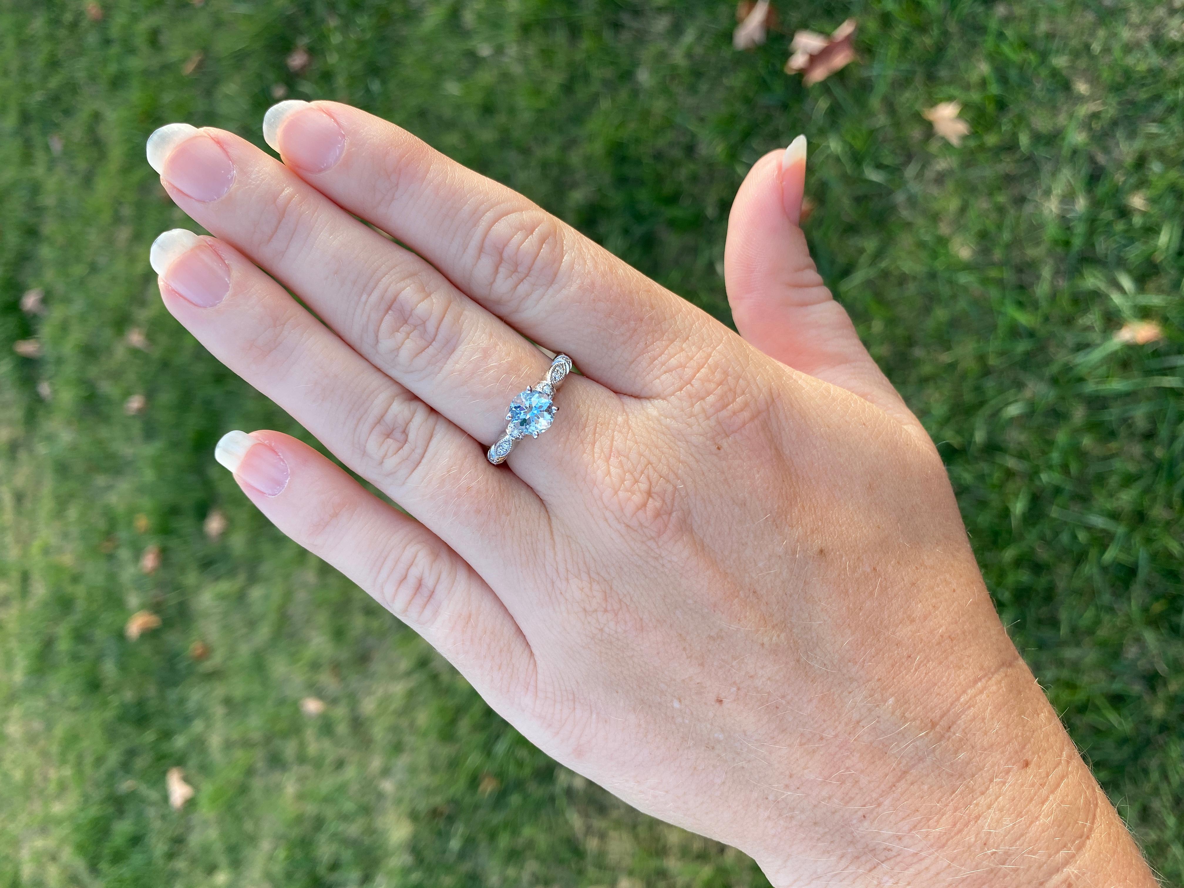 Aquamarine Diamond Engagement Ring, 14K White Gold, Ring Size 7.25 3