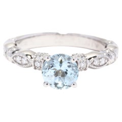Aquamarine Diamond Engagement Ring, 14K White Gold, Ring Size 7.25