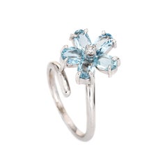Aquamarine Diamond Flower Ring Estate 14k White Gold Fine Vintage Jewelry