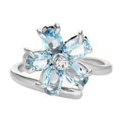 Aquamarine Diamond Flower Ring Estate 14k White Gold Fine Vintage Jewelry