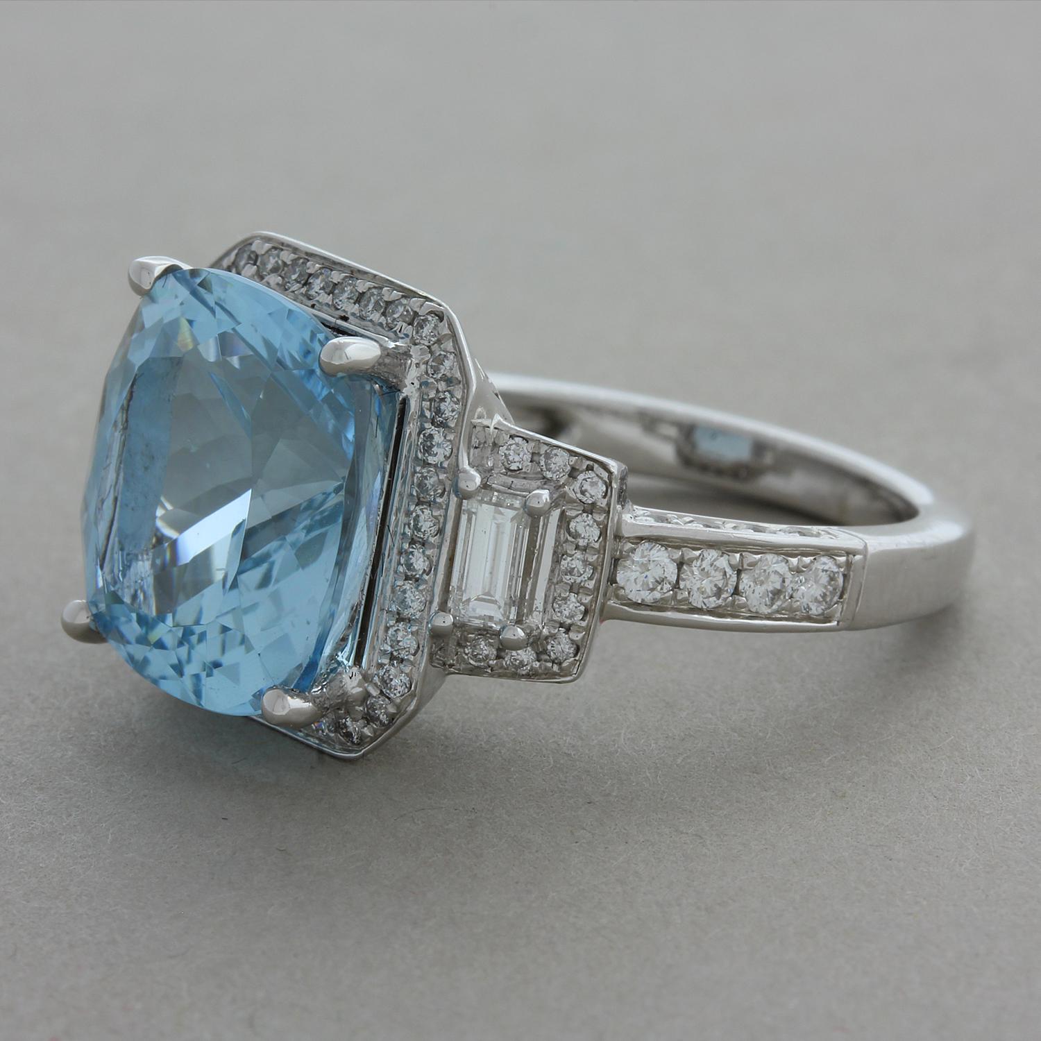 Cushion Cut Aquamarine Diamond Gold Cocktail Ring For Sale