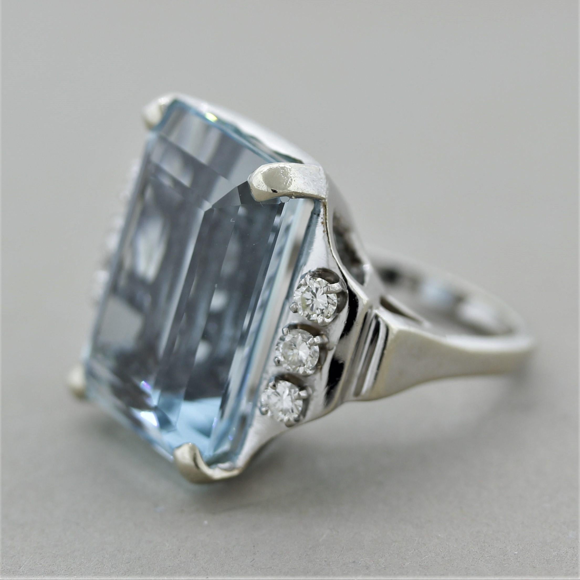Emerald Cut Aquamarine Diamond Gold Cocktail Ring For Sale
