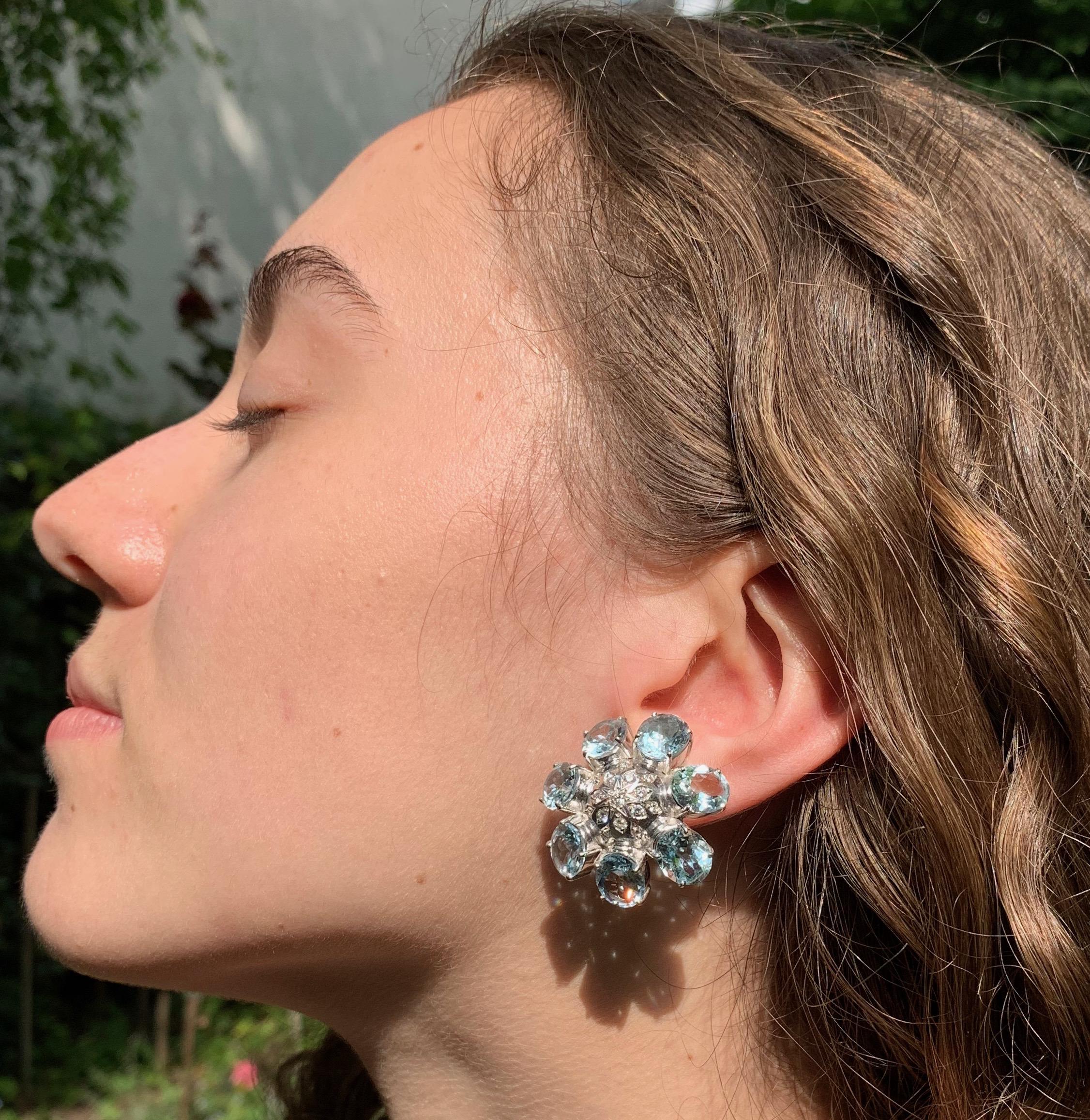 Vintage Aquamarine Diamond Gold Flower Earrings Earclips Clip-On Earrings 3