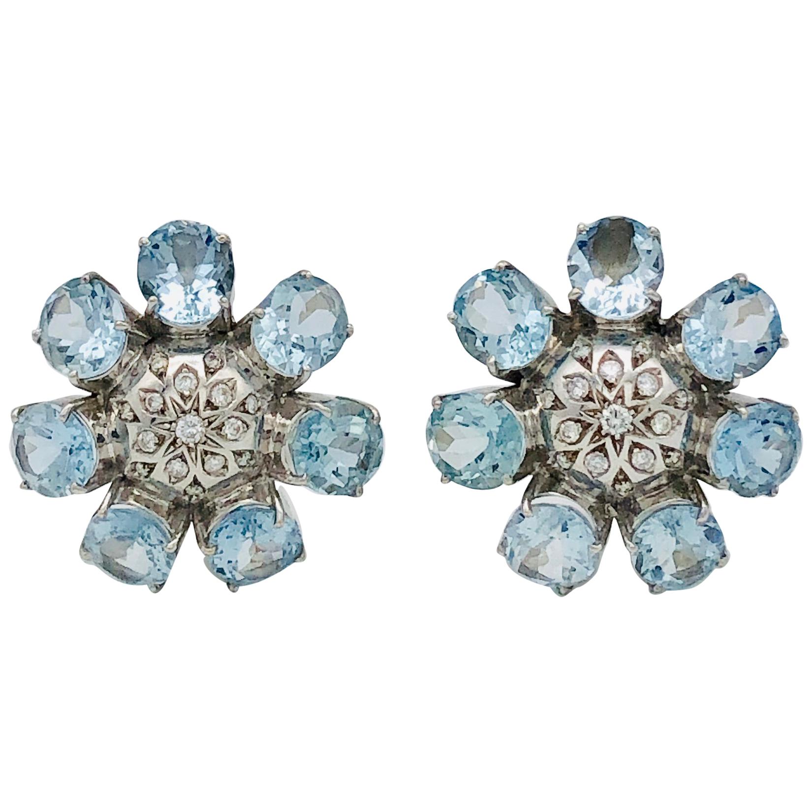 Vintage Aquamarine Diamond Gold Flower Earrings Earclips Clip-On Earrings