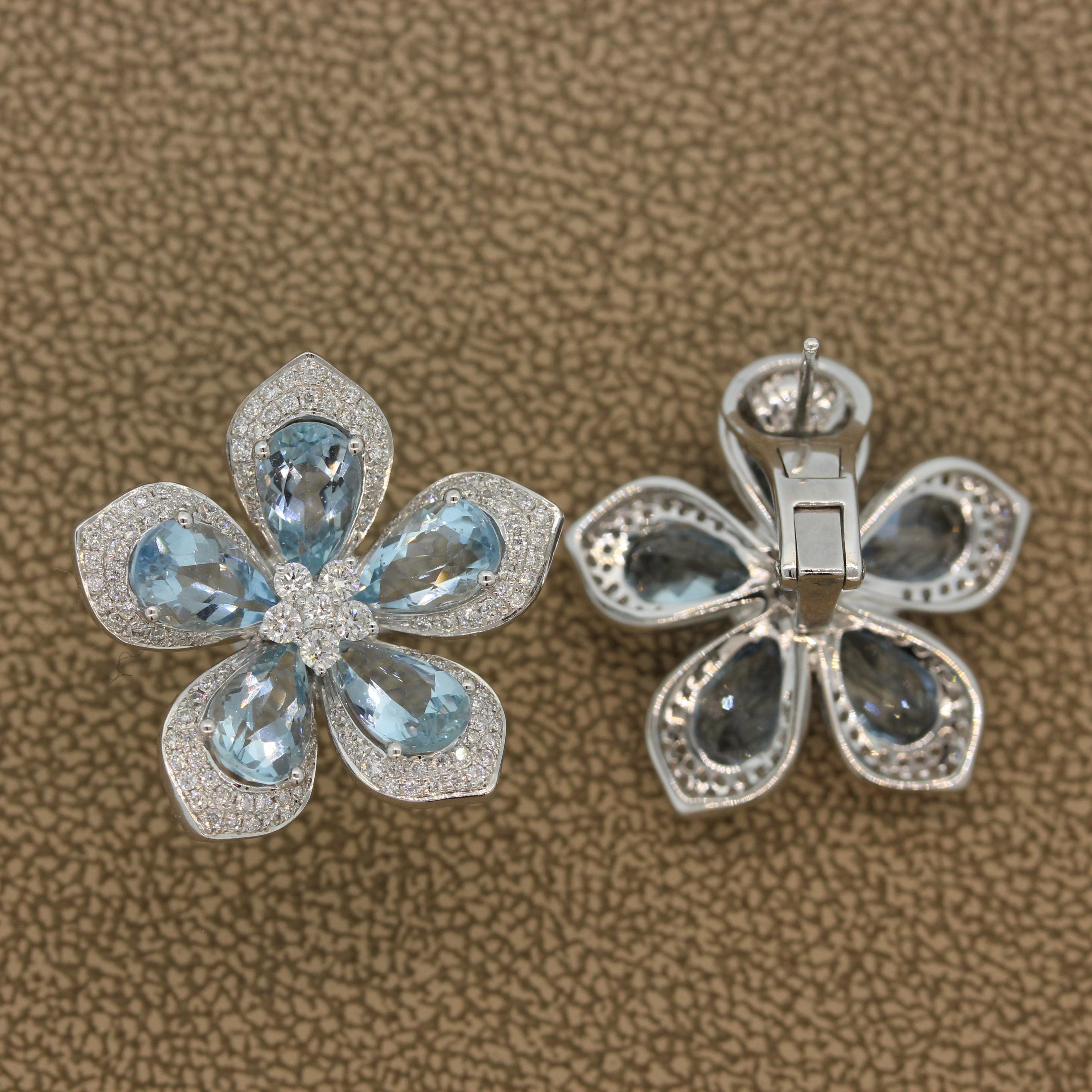 Women's Aquamarine Diamond Gold Flower Earrings
