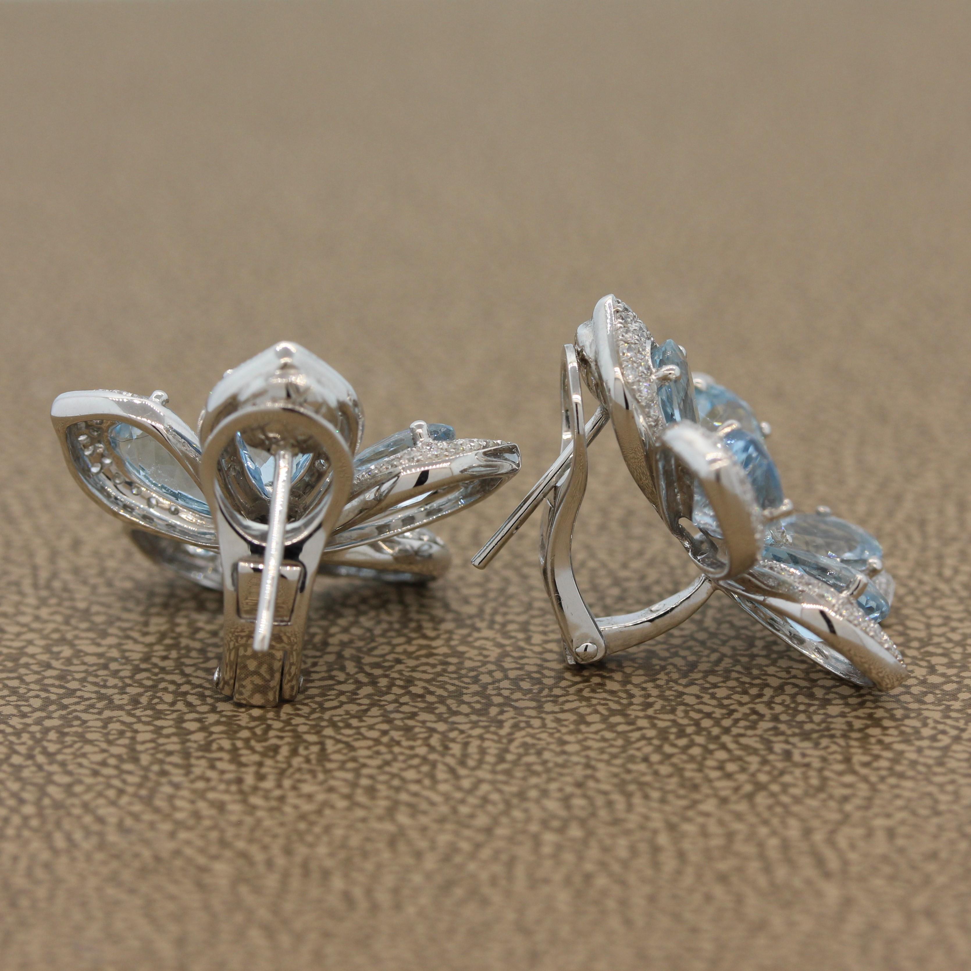 Aquamarine Diamond Gold Flower Earrings 1