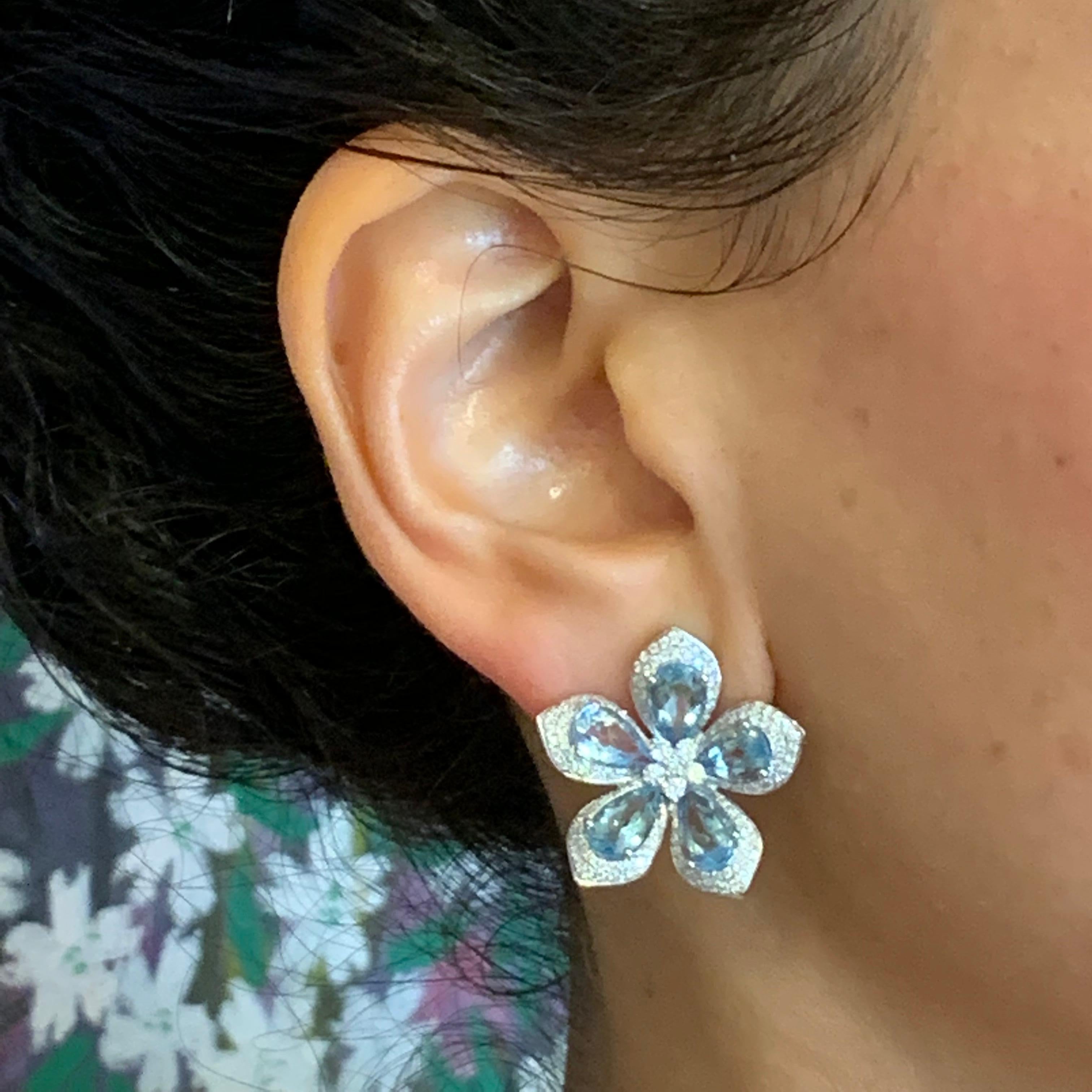 Aquamarine Diamond Gold Flower Earrings 2