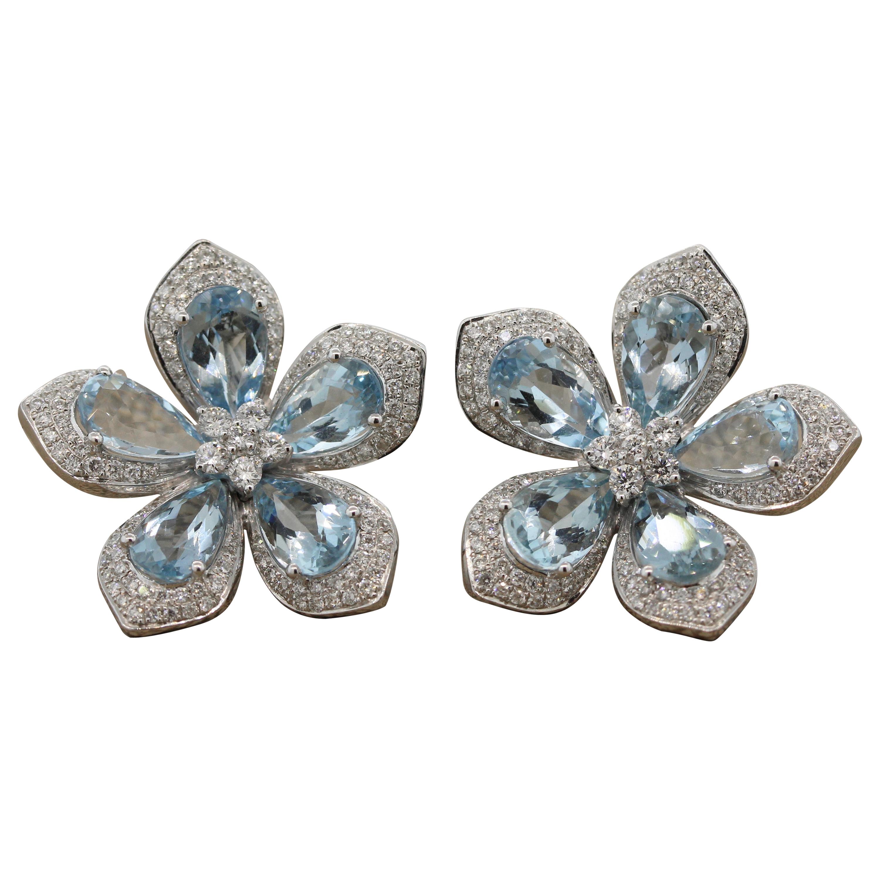 Aquamarine Diamond Gold Flower Earrings
