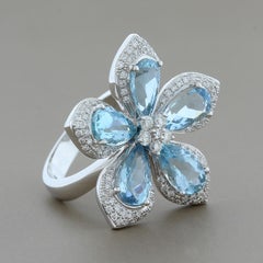 Aquamarine Diamond Gold Lotus Flower Ring