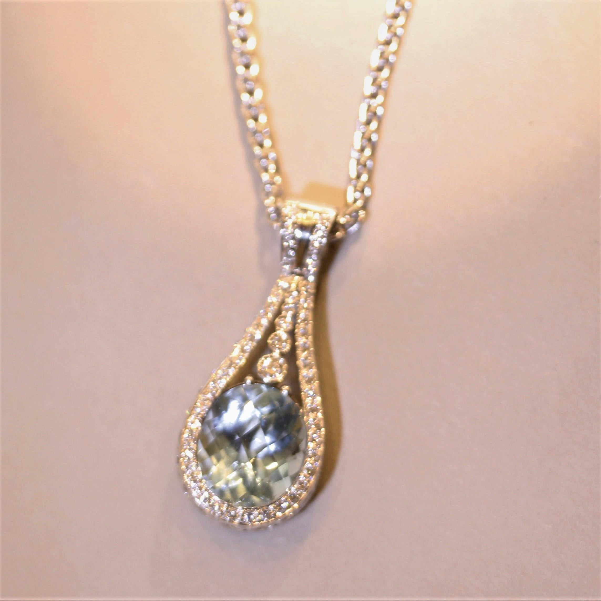 Pear Cut Aquamarine Diamond Gold Pendant For Sale