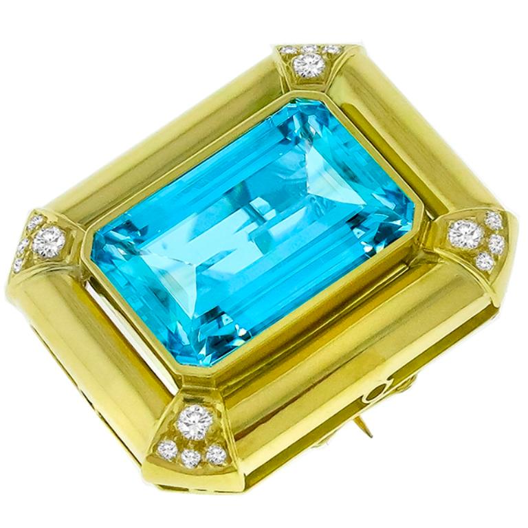 Emerald Cut Aquamarine Diamond Gold Pin or Pendant