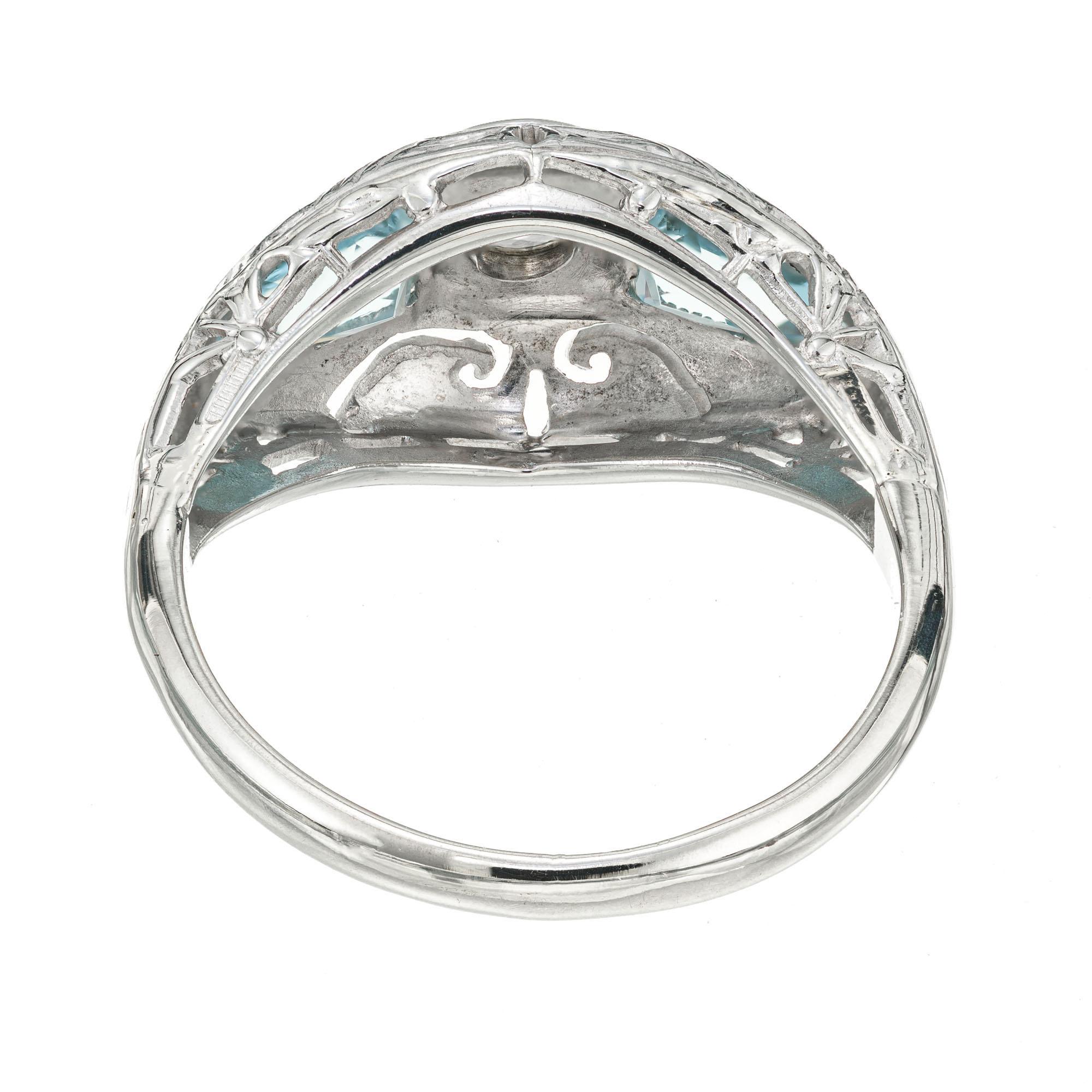Old European Cut Aquamarine Diamond Gold Three-Stone Art Deco Engagement Ring For Sale