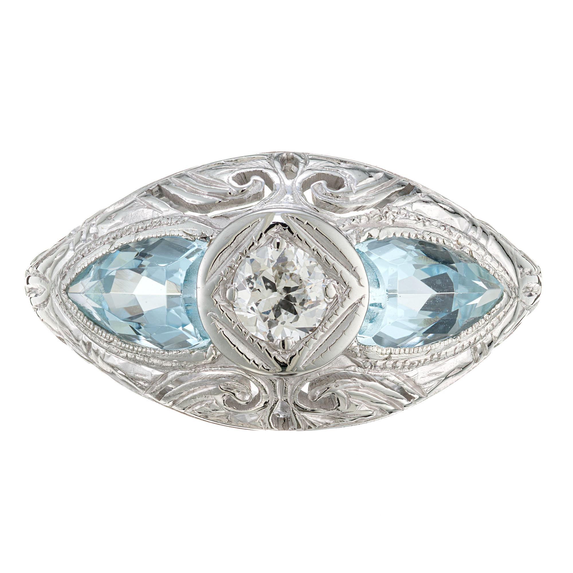 Aquamarine Diamond Gold Three-Stone Art Deco Engagement Ring For Sale