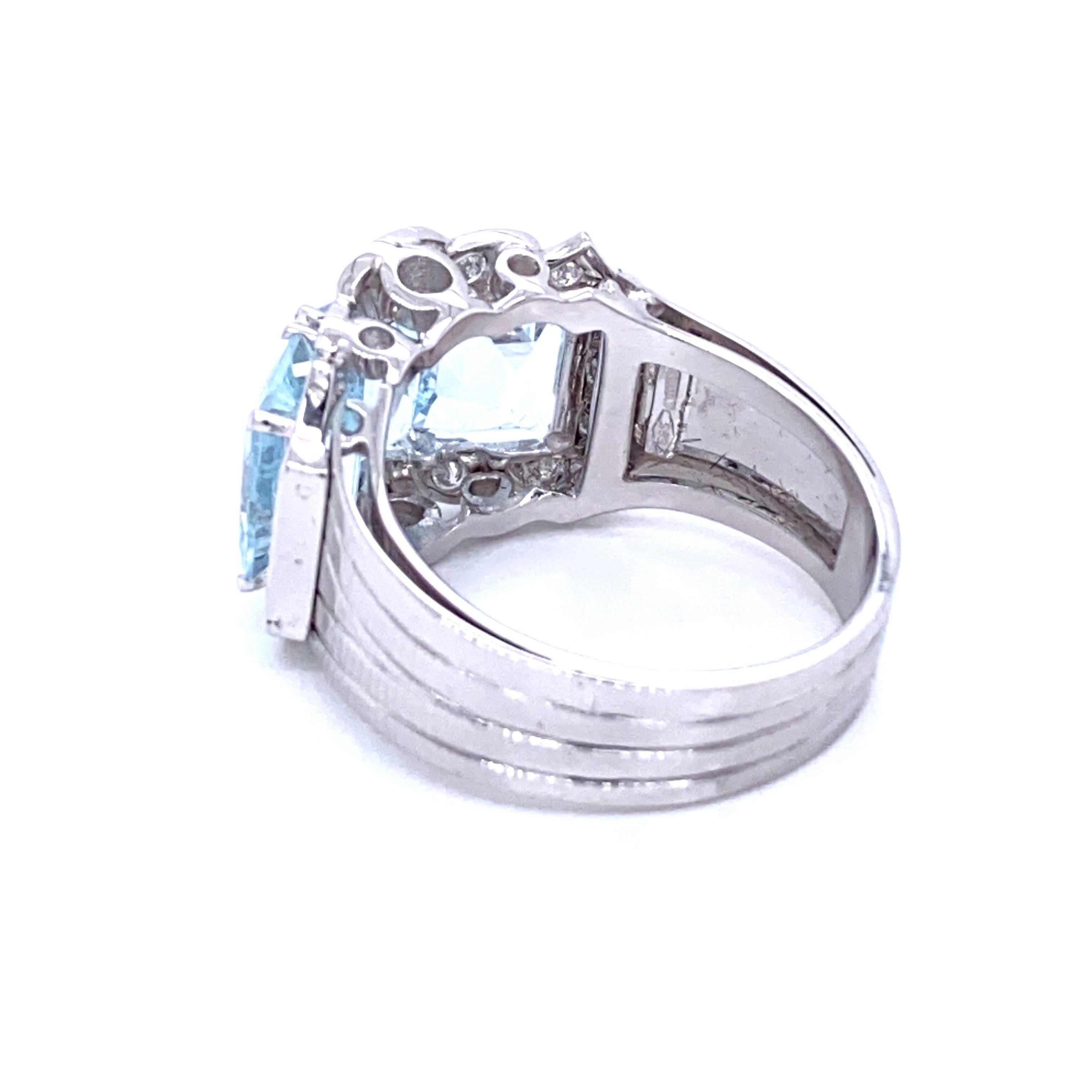 Art Deco Aquamarine Diamond Gold Three-Stone Band Ring
