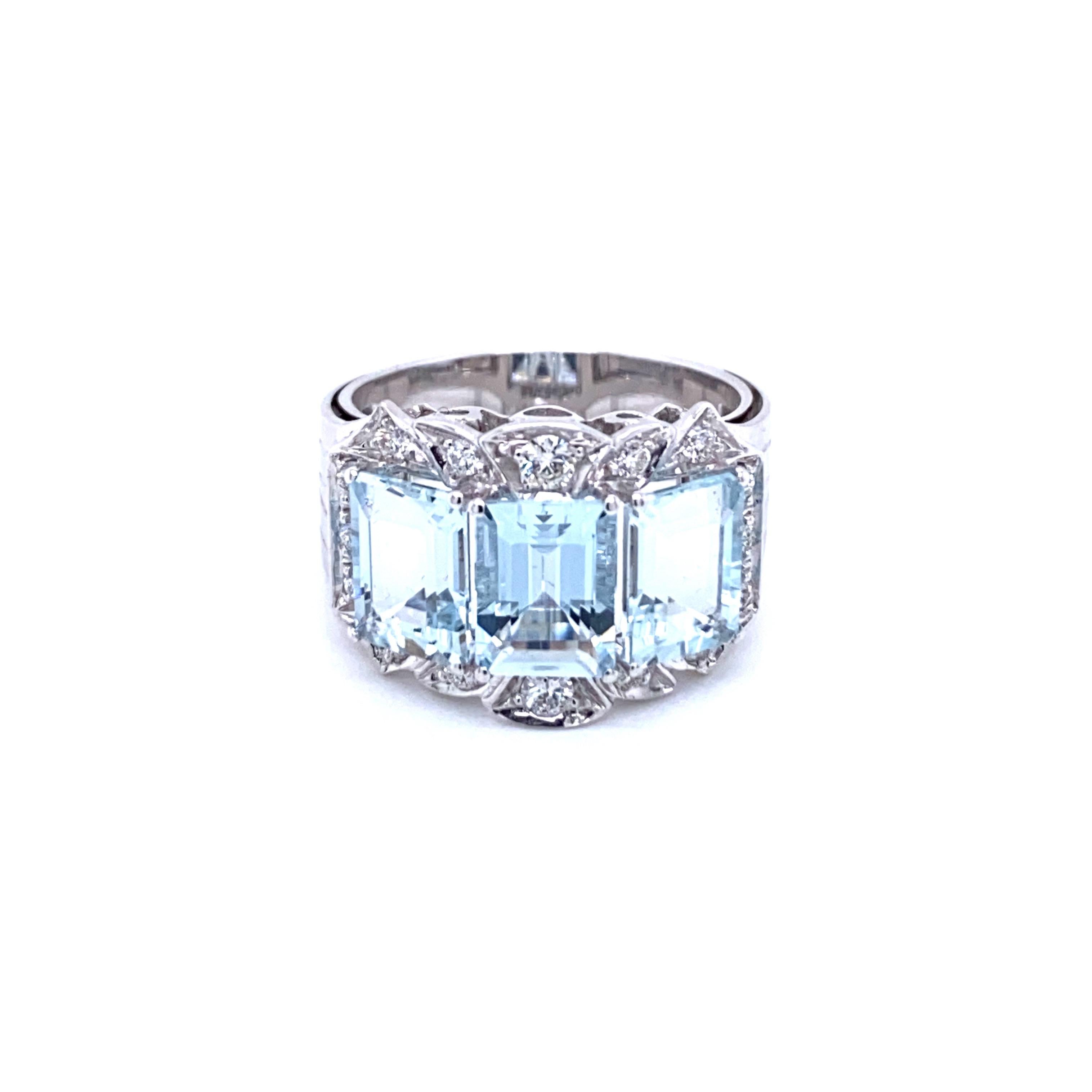 Women's or Men's Aquamarine Diamond Gold Three-Stone Band Ring