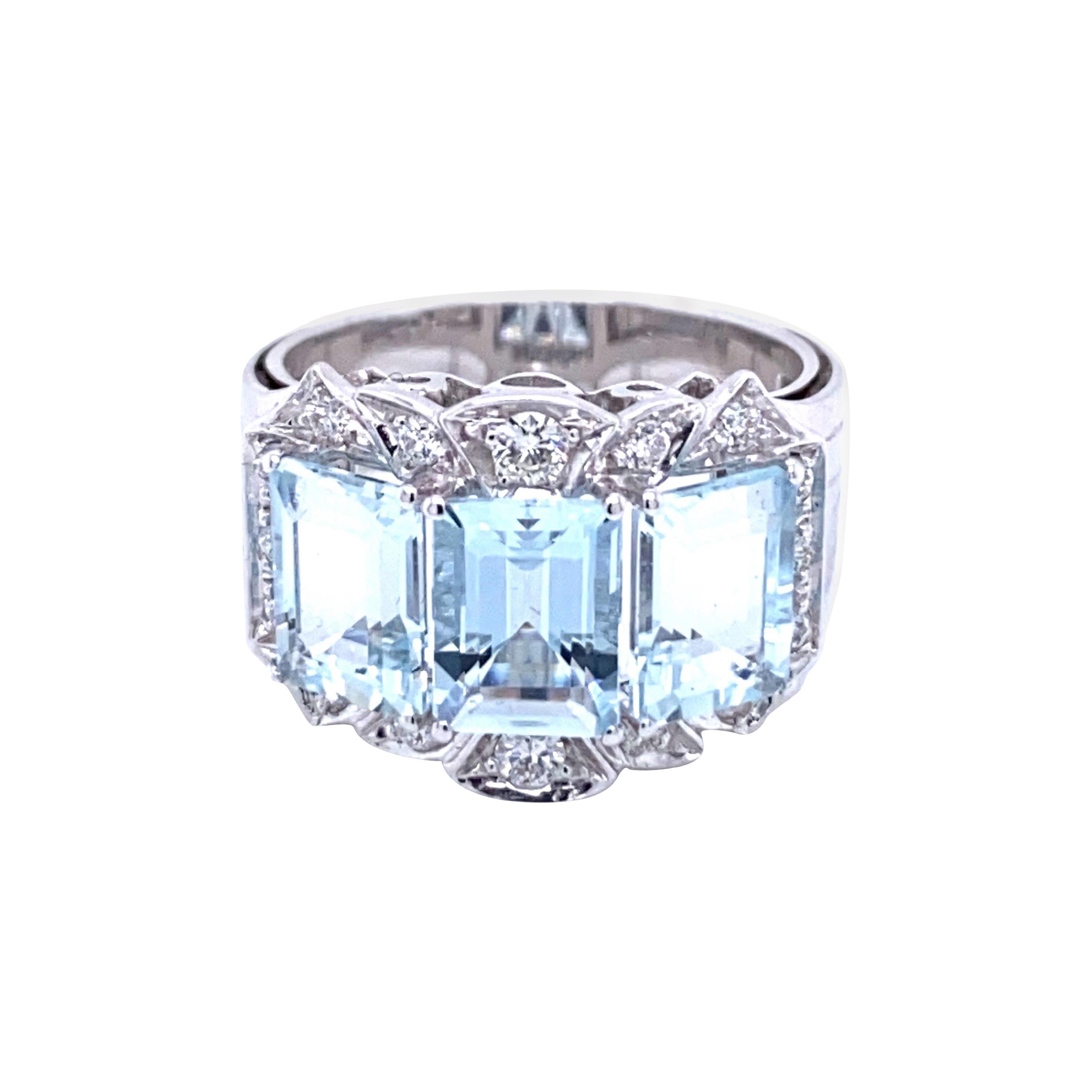 Aquamarine Diamond Gold Three-Stone Band Ring