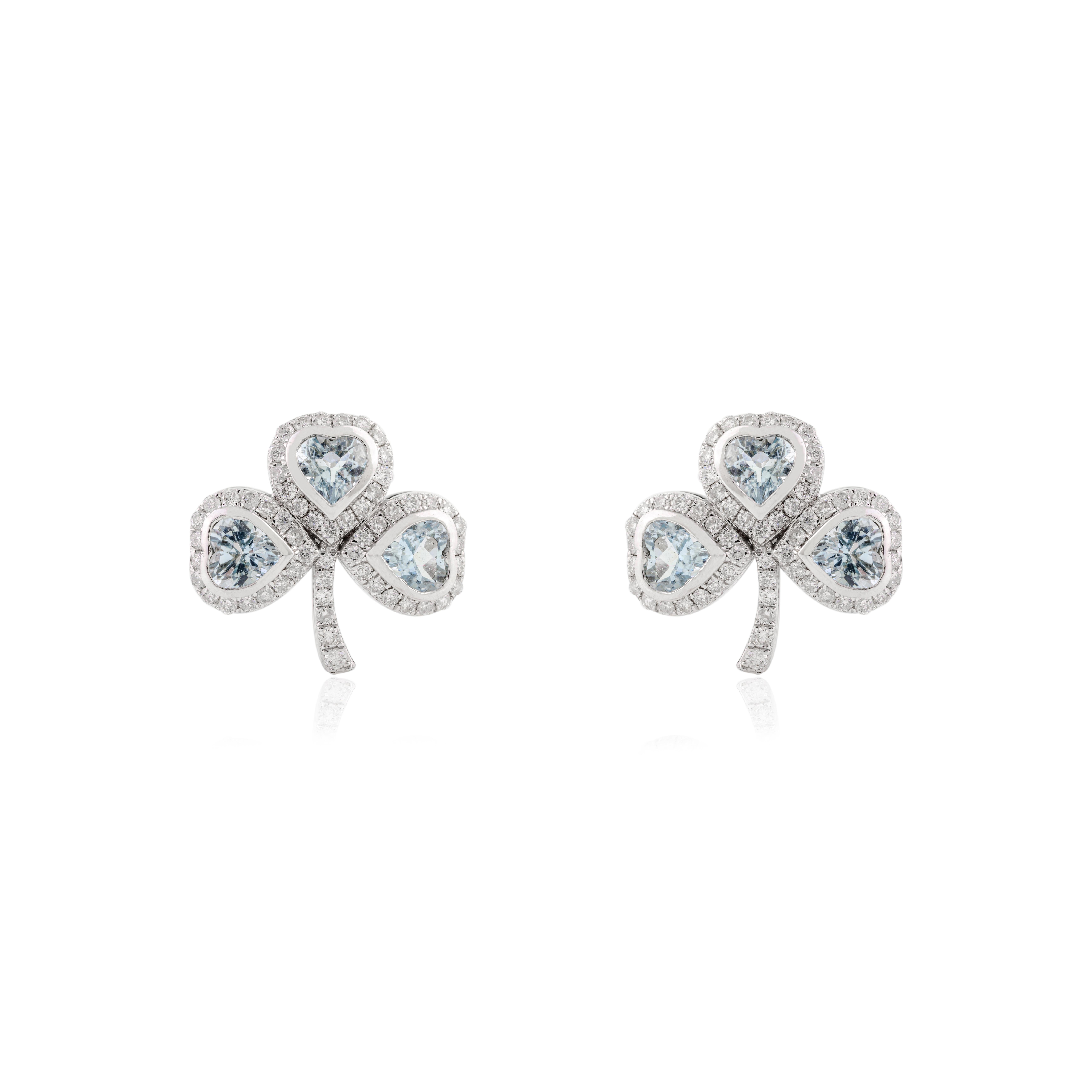 Modernist Aquamarine Diamond Halo Clover Wedding Stud Earrings for Women 18k White Gold For Sale