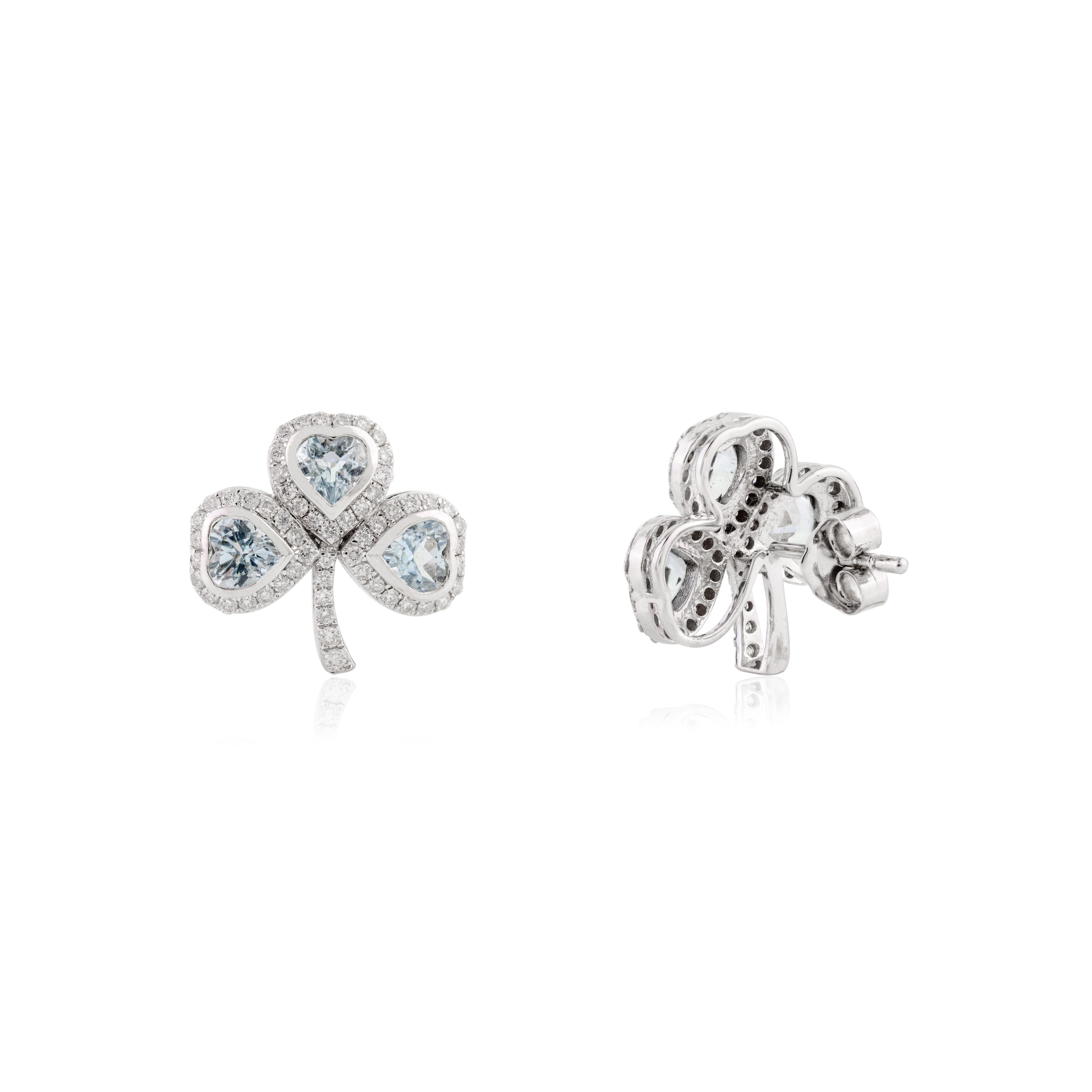 Aquamarine Diamond Halo Clover Wedding Stud Earrings for Women 18k White Gold For Sale 1