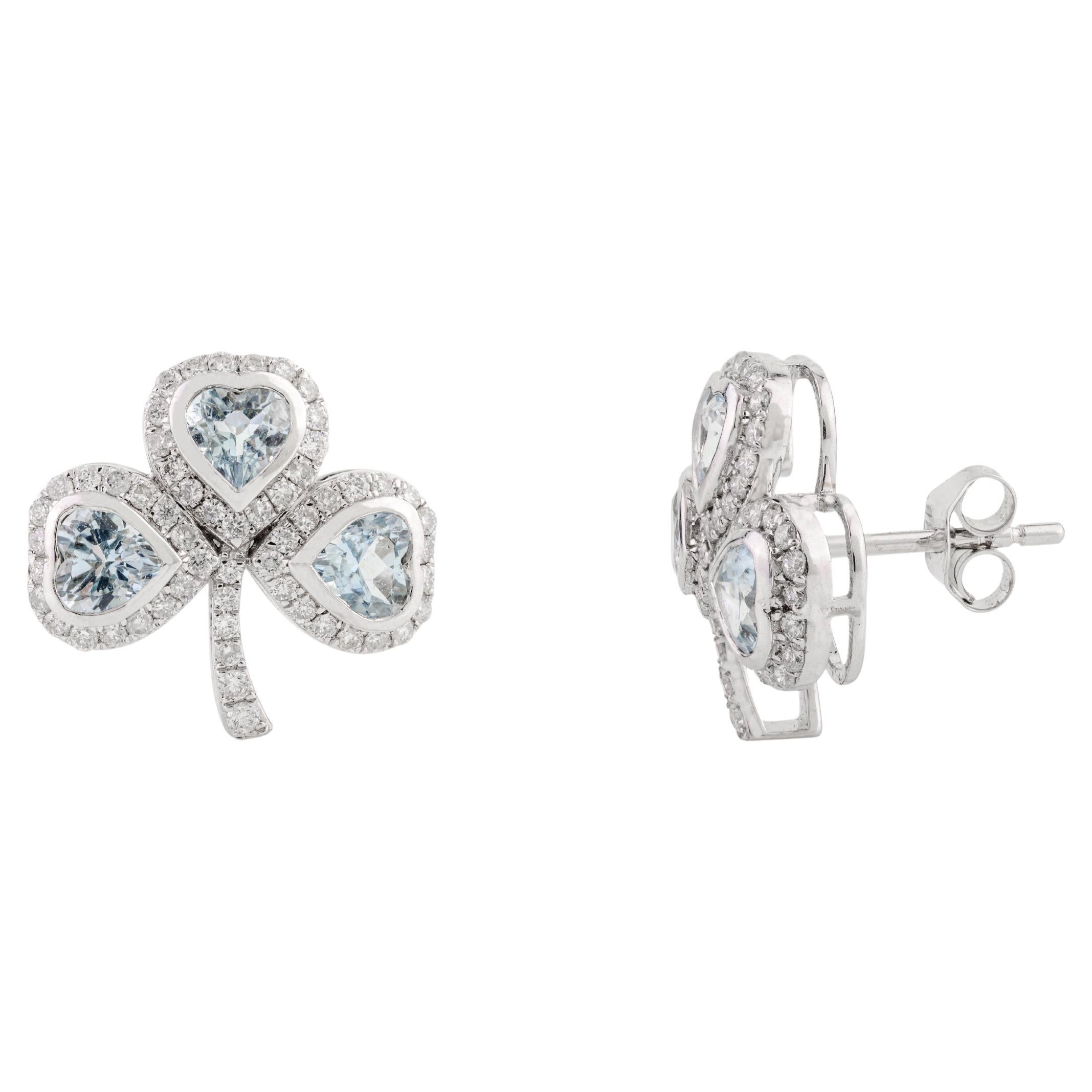 Aquamarine Diamond Halo Clover Wedding Stud Earrings for Women 18k White Gold For Sale