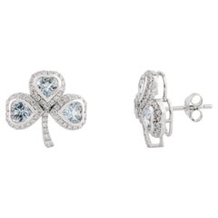 Aigue-marine Diamant Halo Trèfle Boucles d'oreilles de mariage pour femmes Or blanc 18k