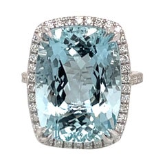 Aquamarine Diamond Halo Cocktail Ring 13.45 Carats 18K White Gold