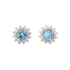 Aquamarine Diamond Halo Gold Stud Earrings