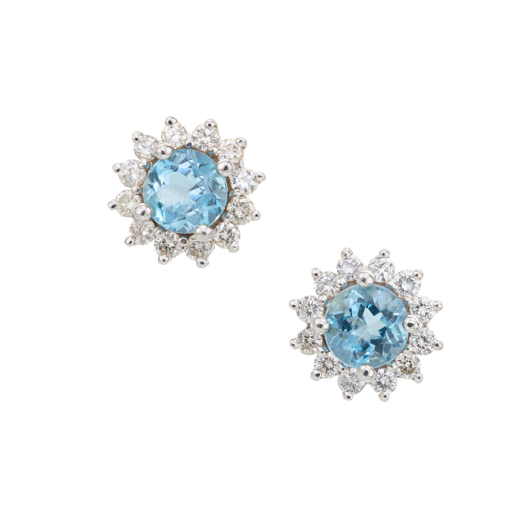Aquamarine Diamond Halo Gold Stud Earrings