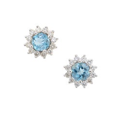 Aquamarine Diamond Halo Gold Stud Earrings