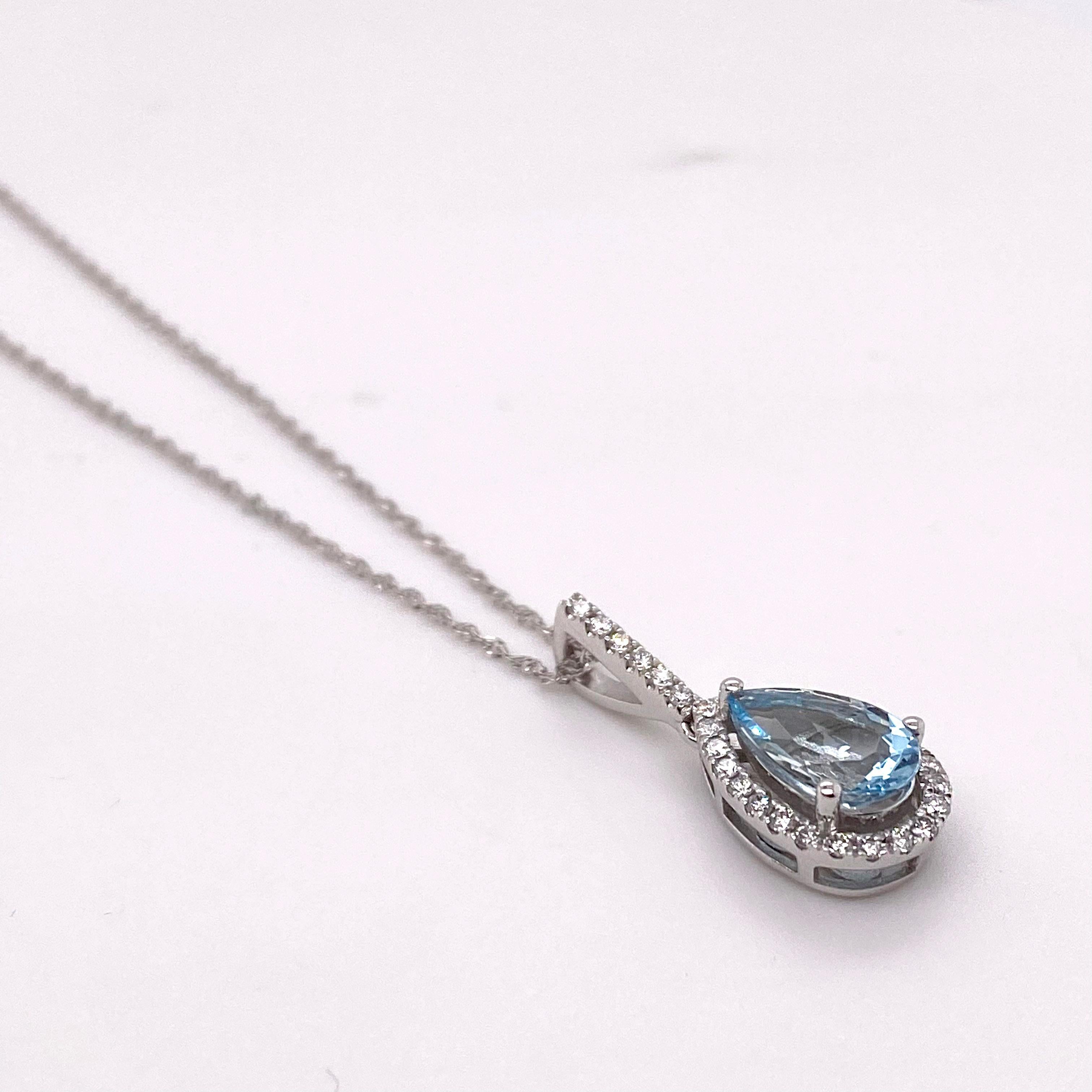 Modern Aquamarine Diamond Halo Necklace, White Gold, Drop Pendant Blue and White Aqua For Sale