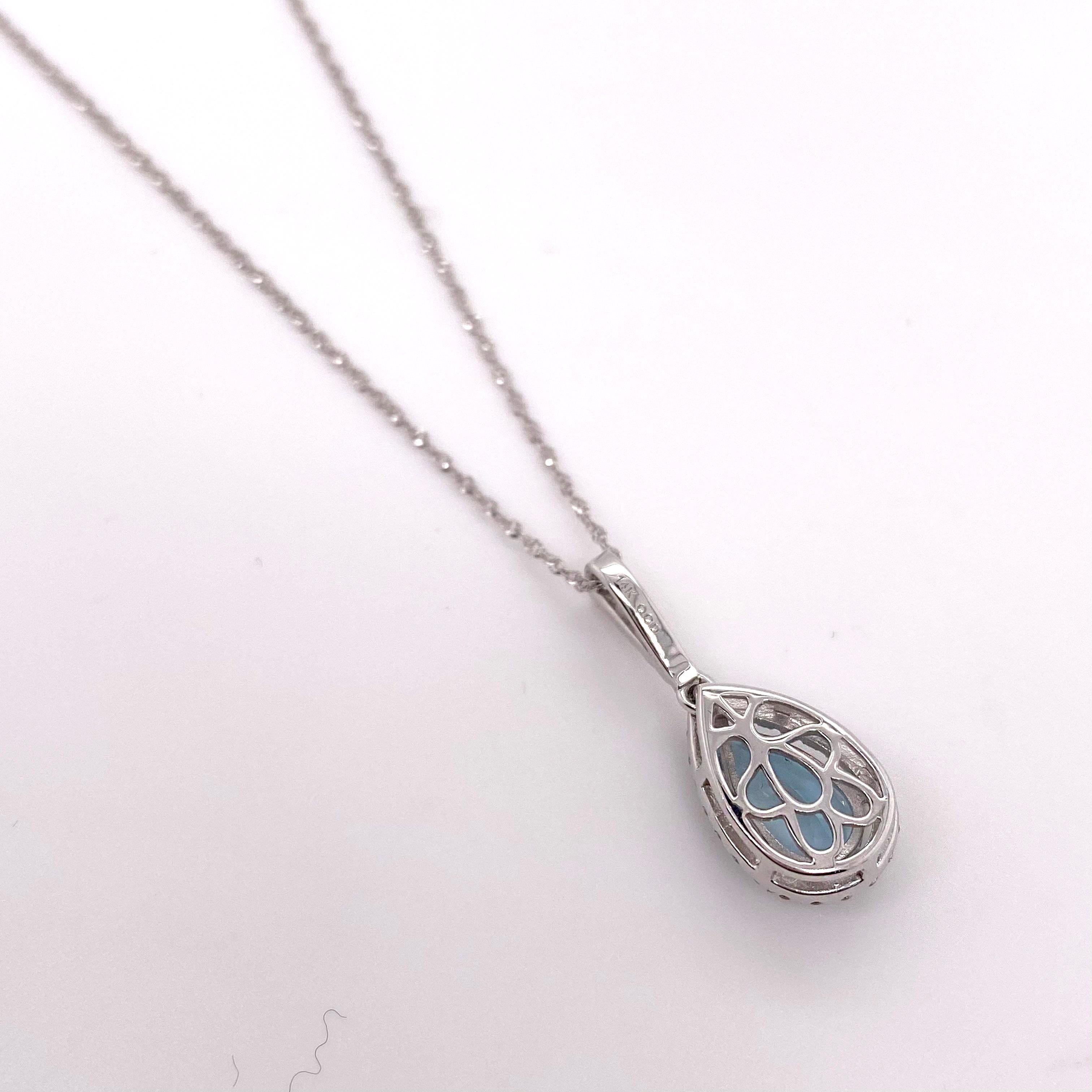 Pear Cut Aquamarine Diamond Halo Necklace, White Gold, Drop Pendant Blue and White Aqua For Sale