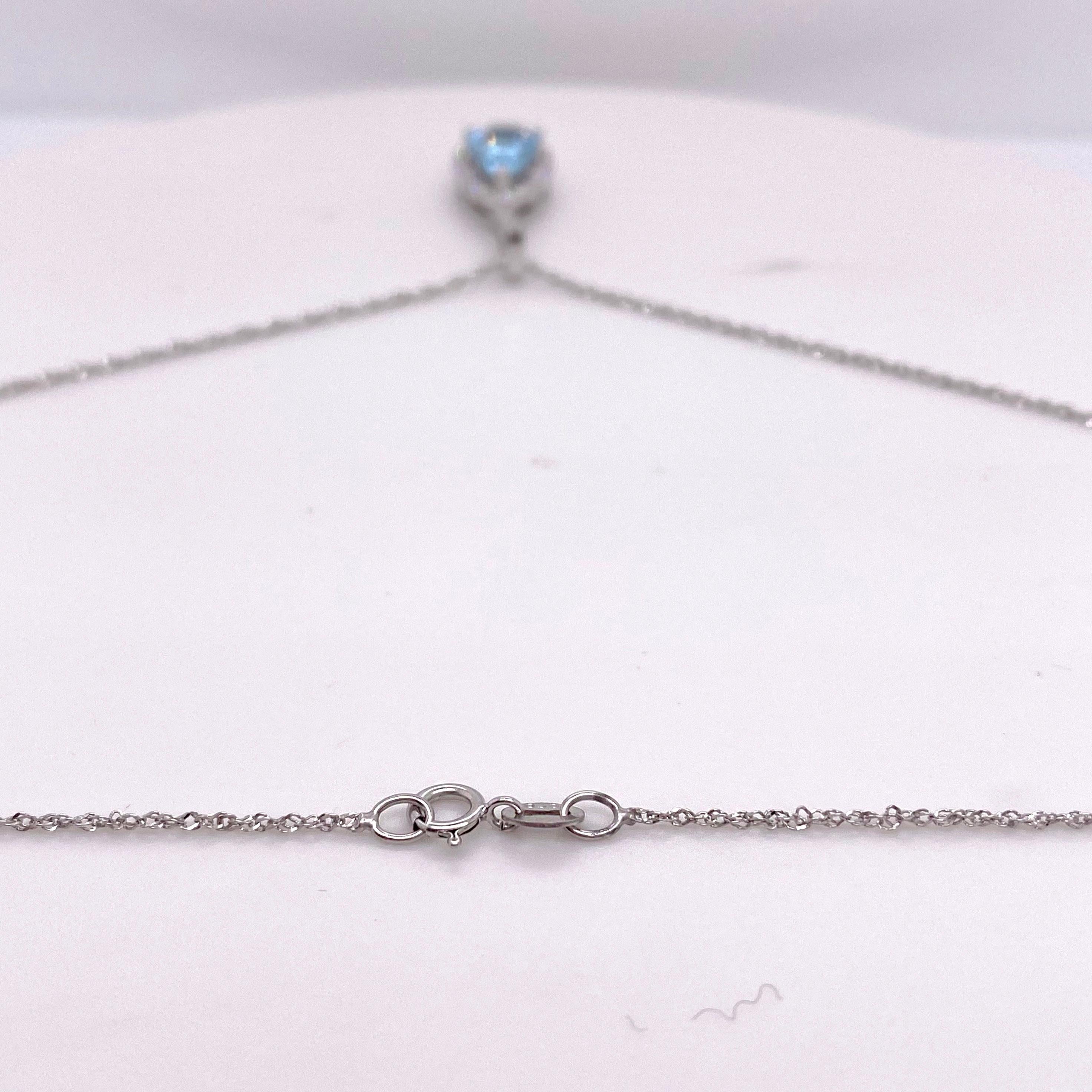 Aquamarine Diamond Halo Necklace, White Gold, Drop Pendant Blue and White Aqua In New Condition For Sale In Austin, TX