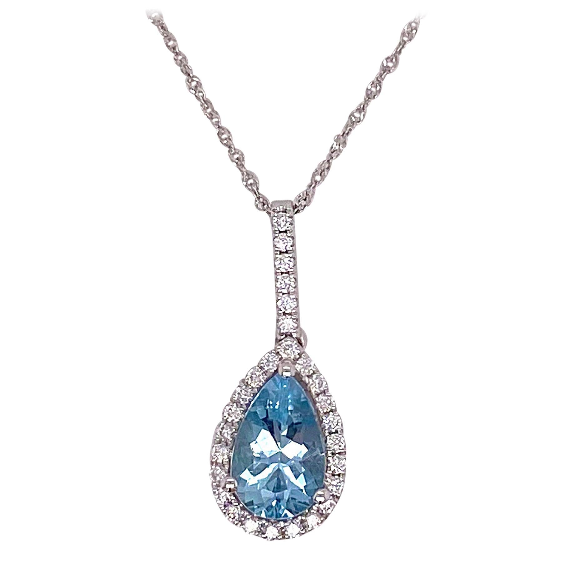 Aquamarine Diamond Halo Necklace, White Gold, Drop Pendant Blue and White Aqua For Sale