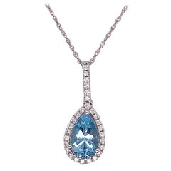Aquamarine Diamond Halo Necklace, White Gold, Drop Pendant Blue and White Aqua