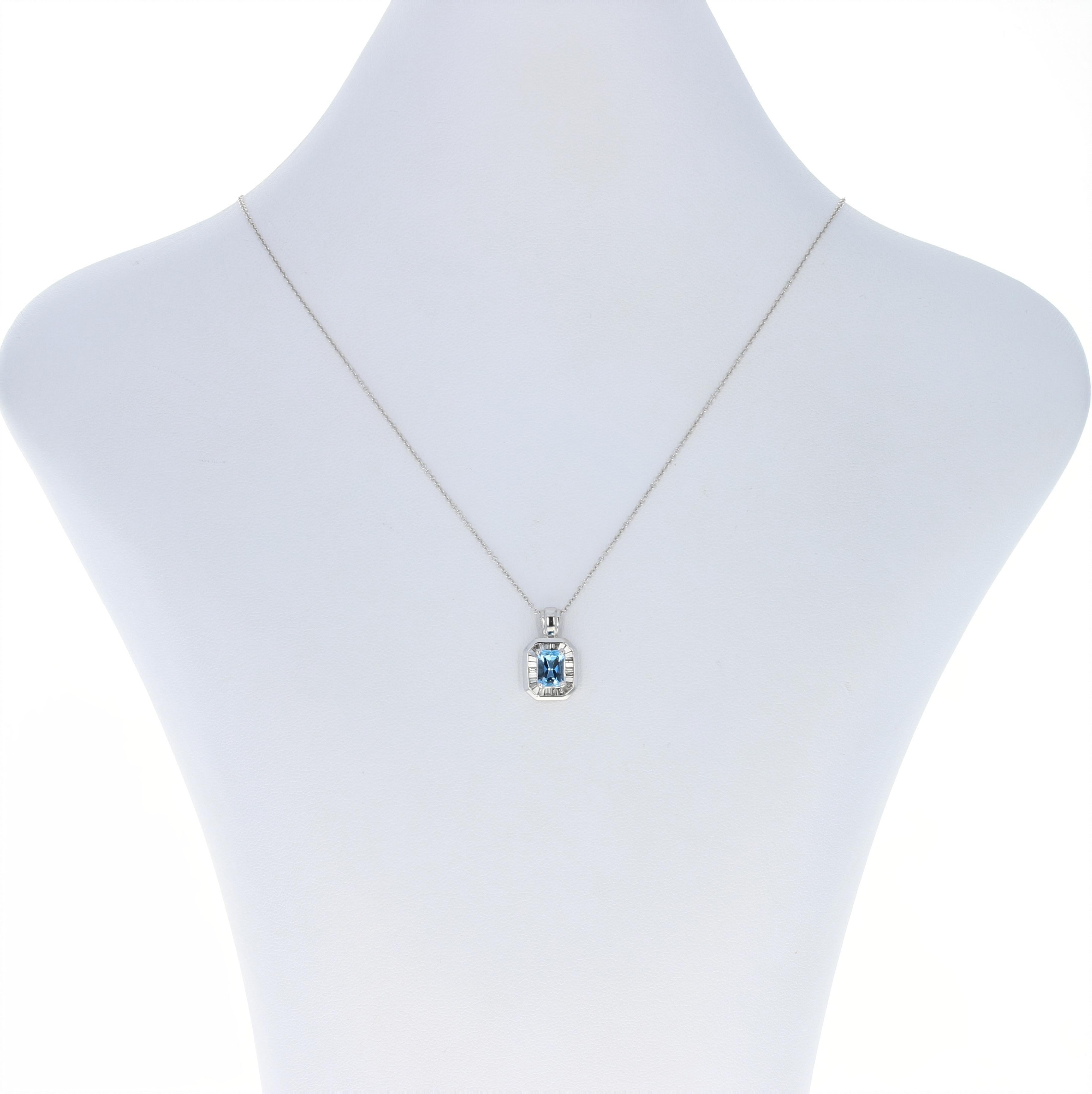 This breathtaking piece captures the enchanted wonder of an evening spent by the sea! Suspended on a 14k white gold box chain necklace, this elegant 14k white gold pendant showcases a glistening ocean water blue aquamarine solitaire that is framed