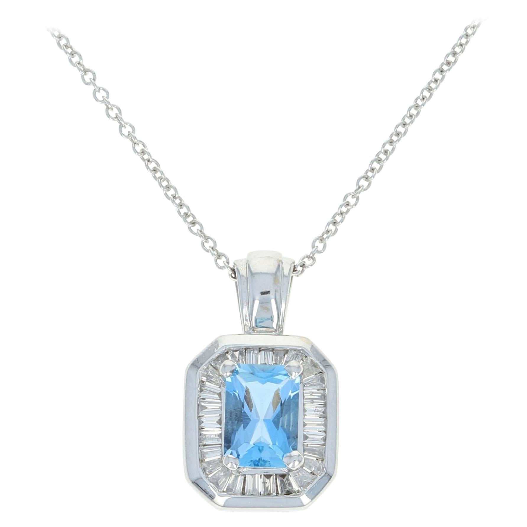 Aquamarine & Diamond Halo Pendant Necklace, 14 Karat Gold Radiant Cut 1.30 Carat