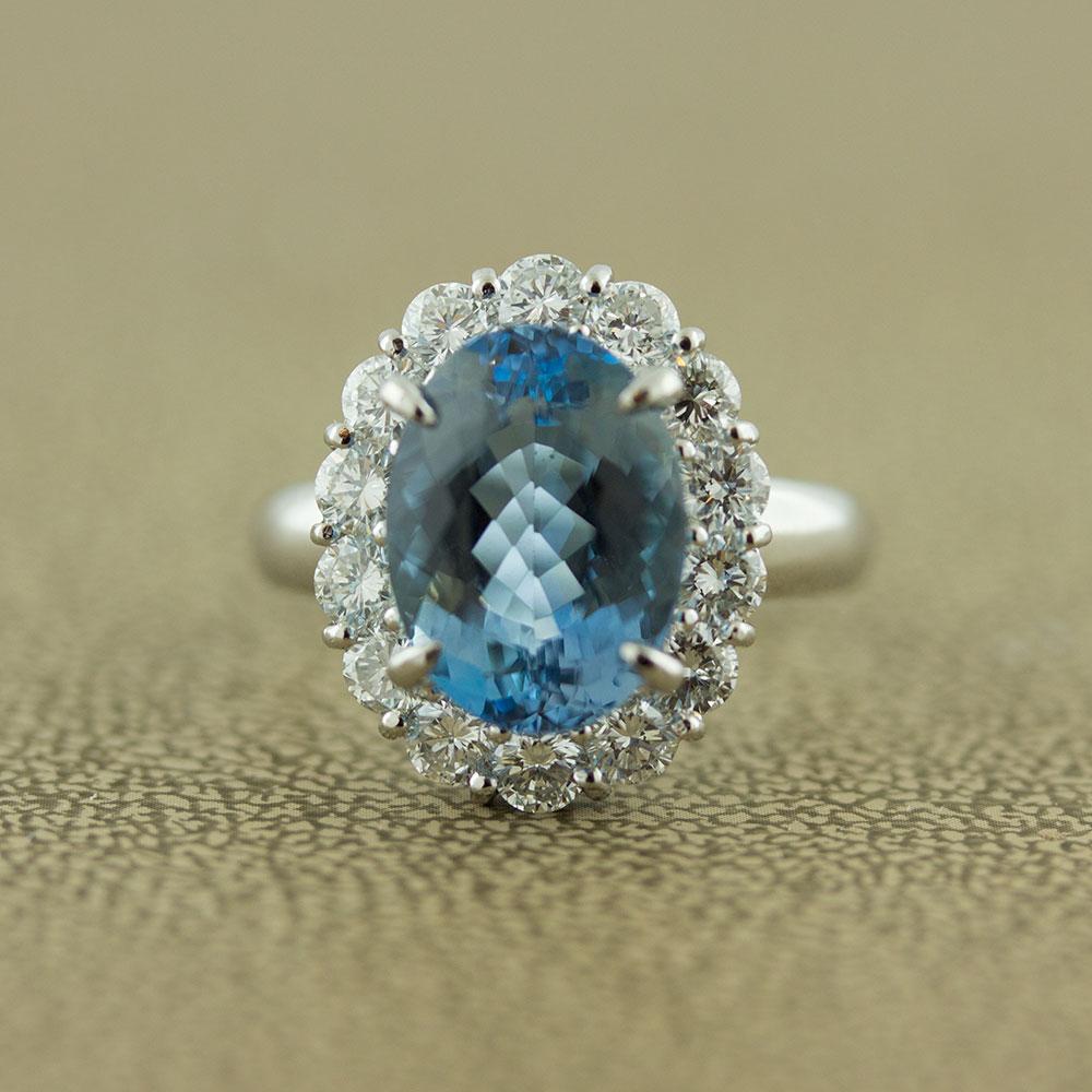 Women's Aquamarine Diamond Halo Platinum Ring