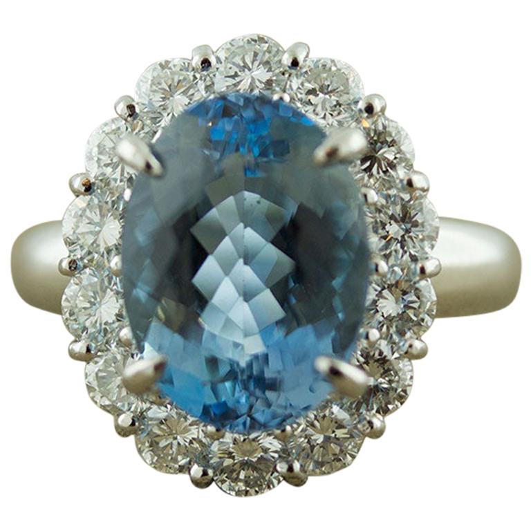Aquamarine Diamond Halo Platinum Ring