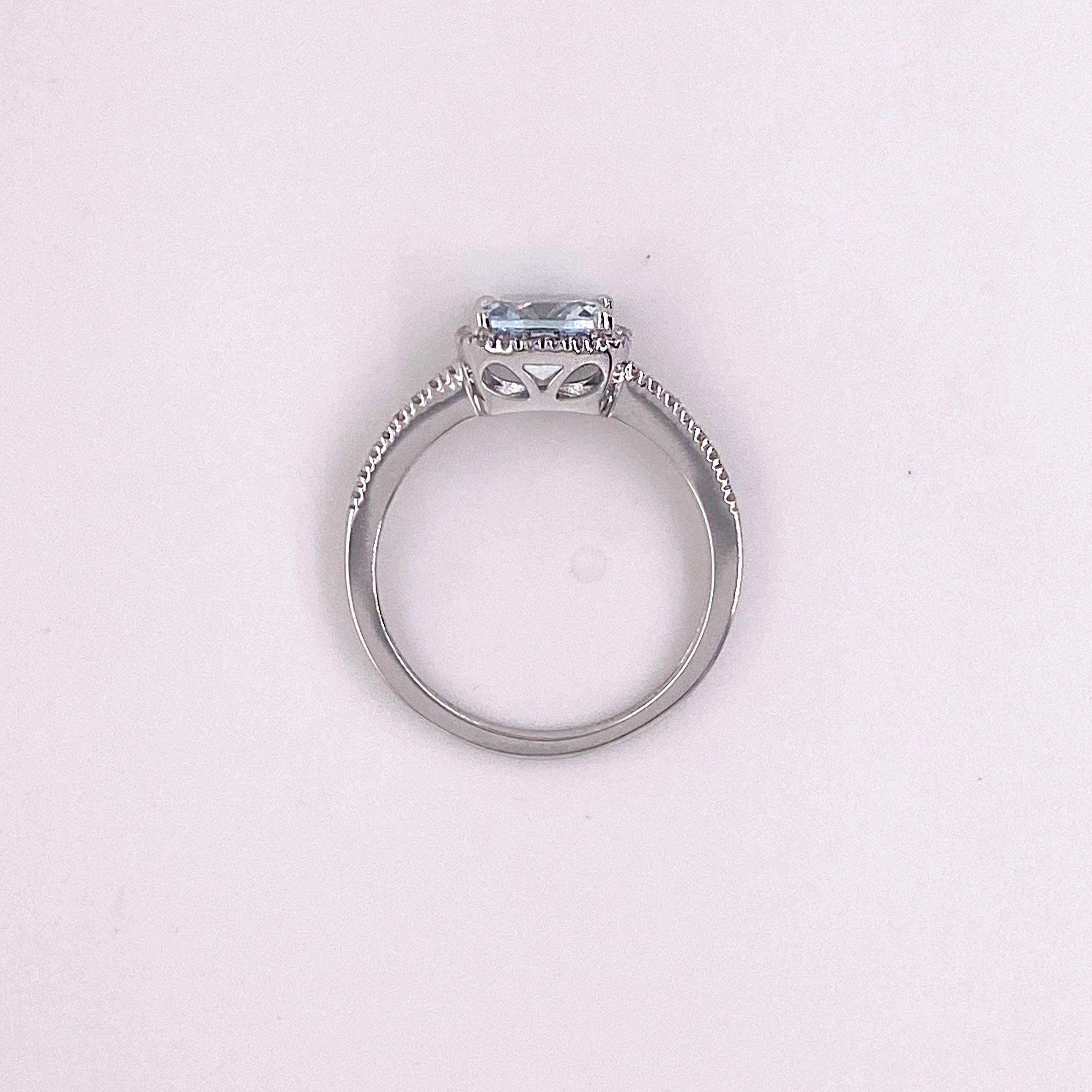 Modern Aquamarine Diamond Halo Ring, 14 Karat White Gold, 1.29 Carat Aqua .12 Diamond For Sale
