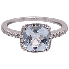 Aquamarine Diamond Halo Ring, 14 Karat White Gold, 1.29 Carat Aqua .12 Diamond