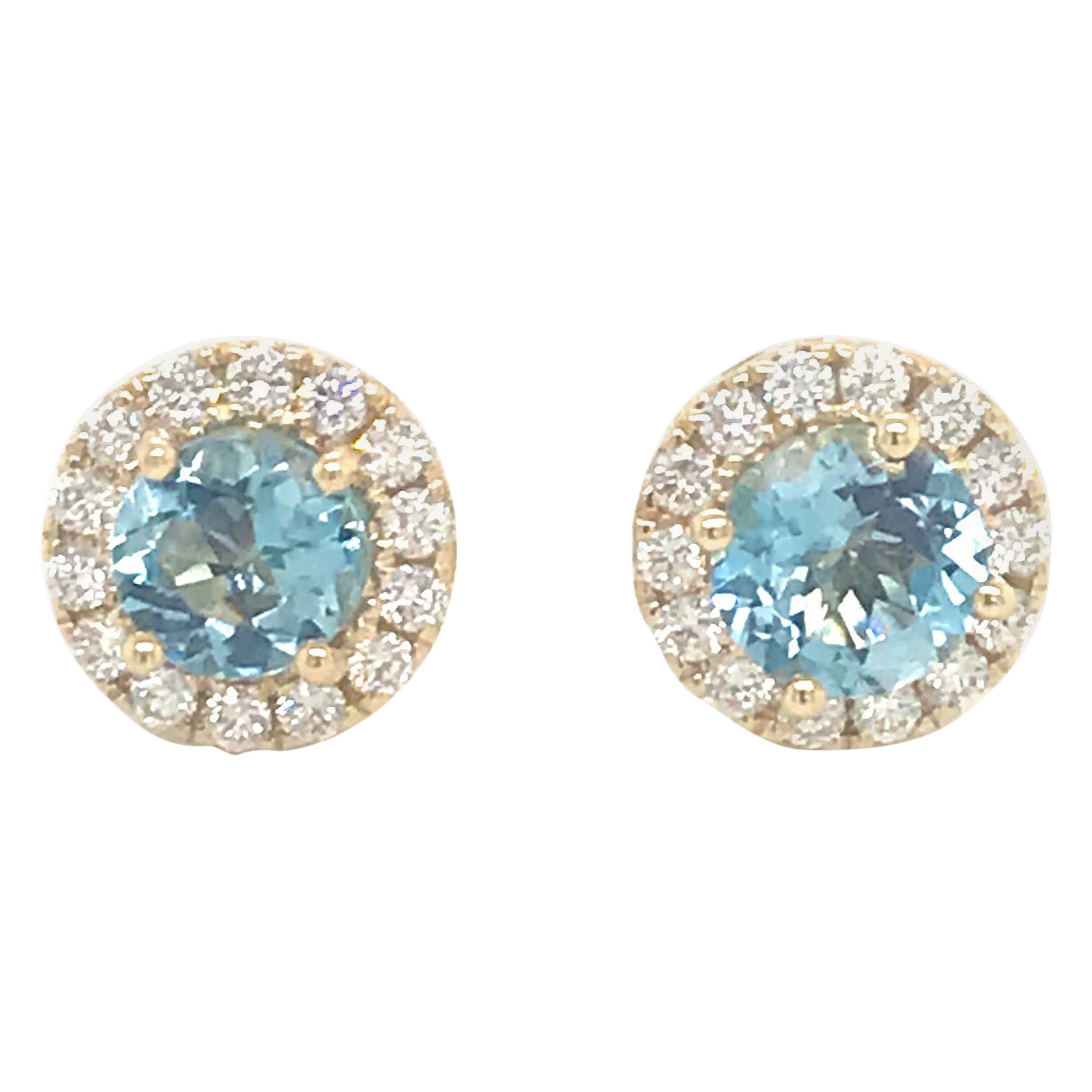 Aquamarine Diamond Halo Stud Earrings 1.73 Carat 14 Karat Yellow Gold