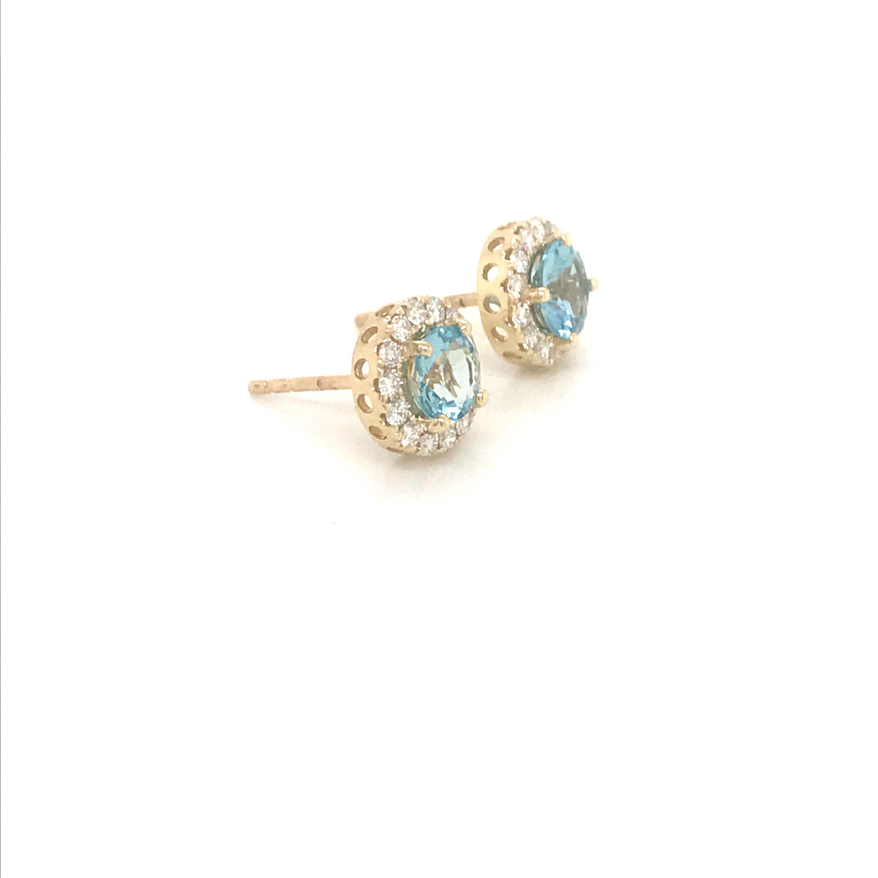 Round Cut Aquamarine Diamond Halo Stud Earrings 1.73 Carat 14 Karat Yellow Gold