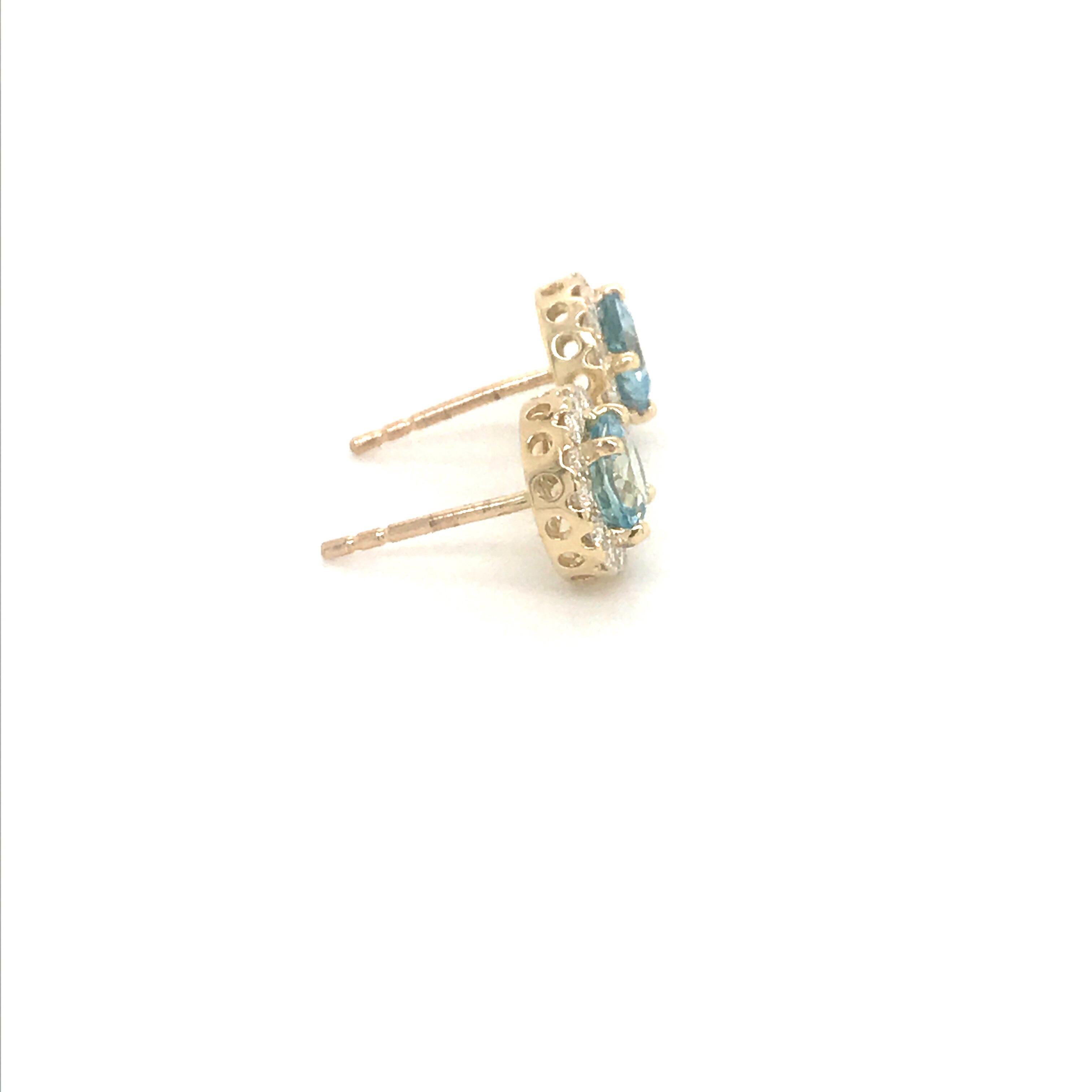 Aquamarine Diamond Halo Stud Earrings 1.73 Carat 14 Karat Yellow Gold In New Condition In New York, NY