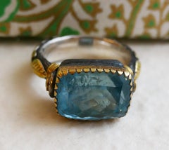 Aquamarine Diamond Hand Carved 18kt gold Floral Motif on Silver Band Size 6.5