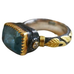 Aquamarine Diamond Hand Carved 18kt gold Floral Motif on Silver Band Size 6.5