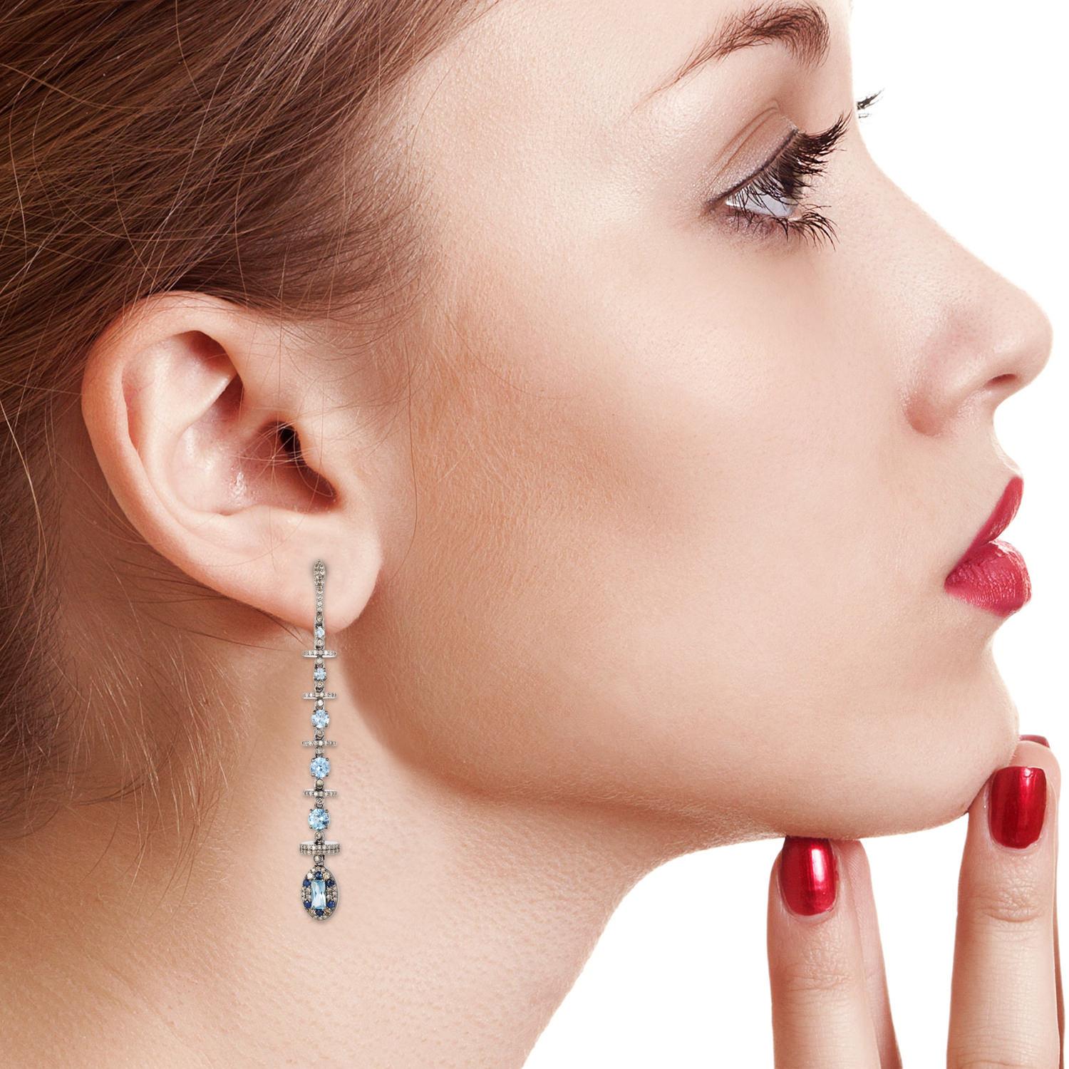 Modern Aquamarine Diamond Linear Drop Earrings For Sale