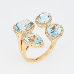 Aquamarine Diamond Mosaic Ring Estate 18k Yellow Gold Cocktail Jewelry